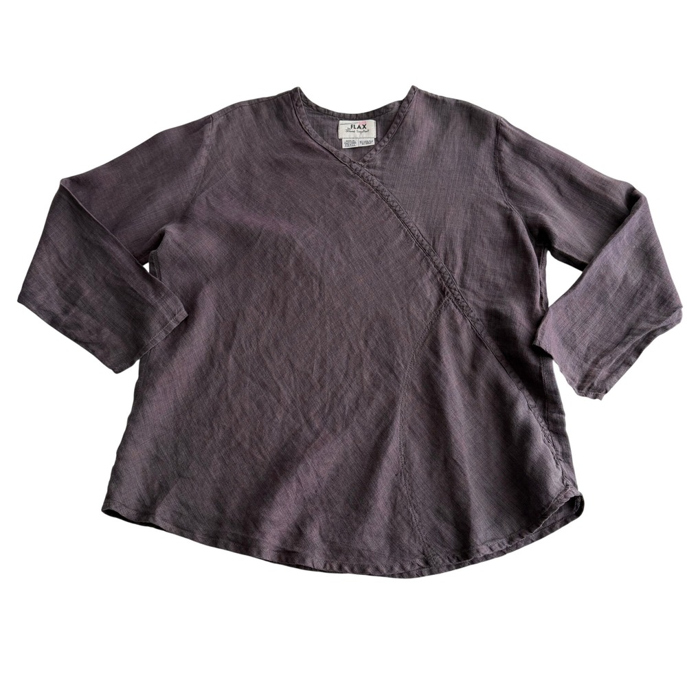 Flax 100% Linen Plum Rainbow Grid Weave Faux Wrap 3/4 Sleeve Tunic Top Small